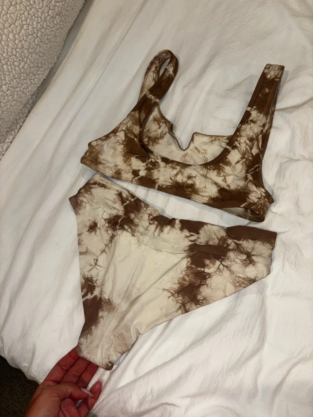 Frankie’s Bikinis Tie-Dye Scoop Bralette & High-Cut Bikini Bottoms - Beige White